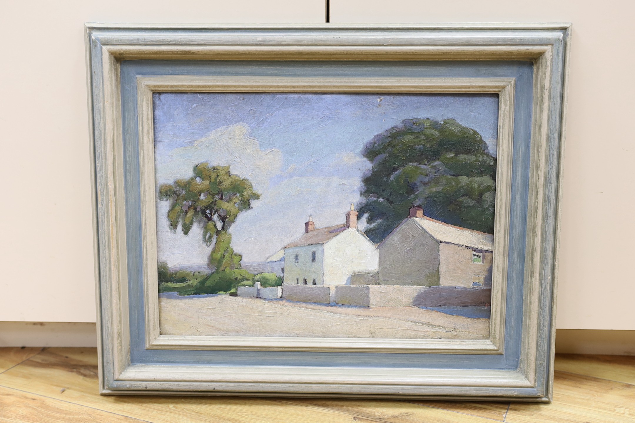 Herbert Truman (1883-1957), oil on board, ‘Sunlit Cottages’, signed, 28.5 x 39cm